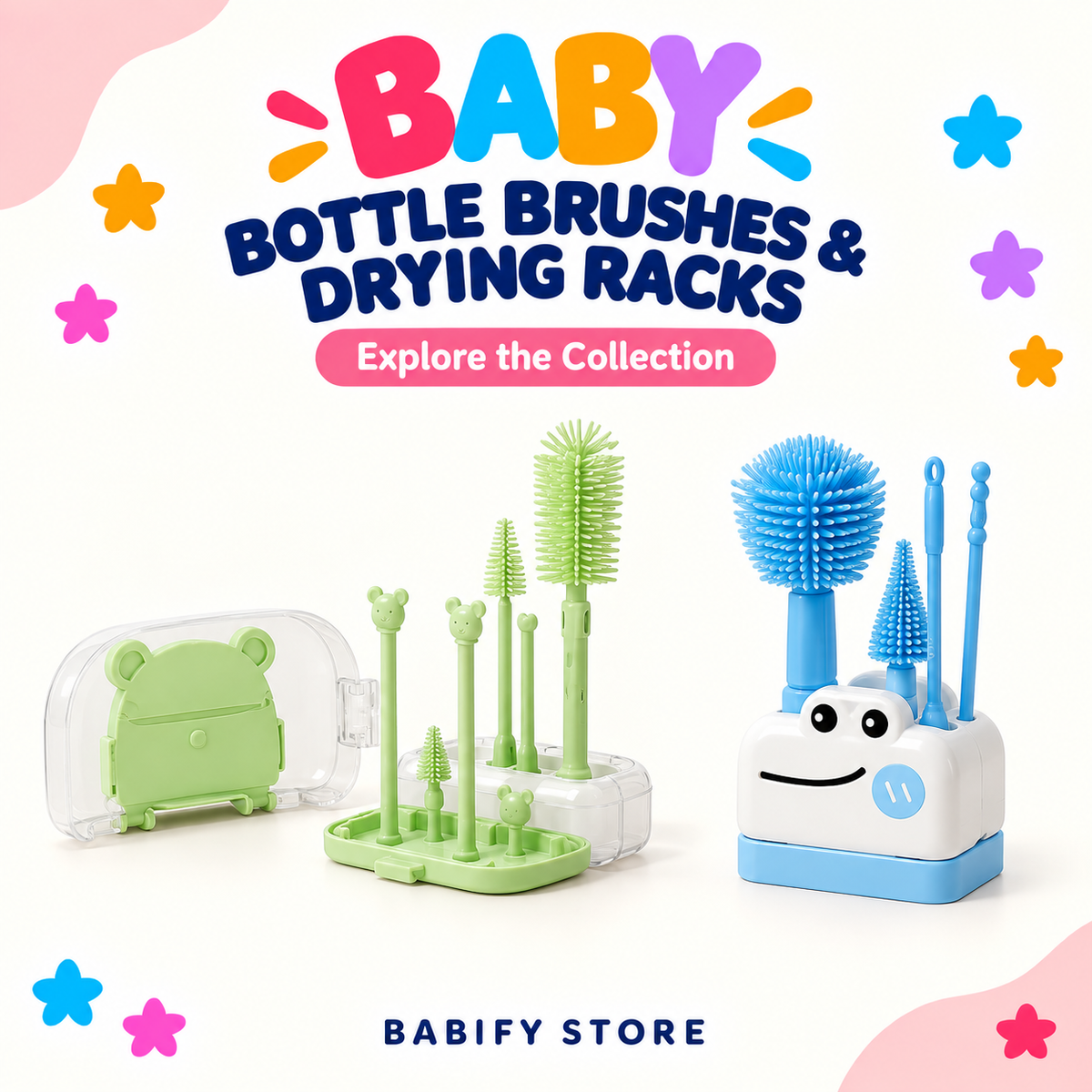 Green portable bottle drying rack and blue character brush holder with cleaning brushes.