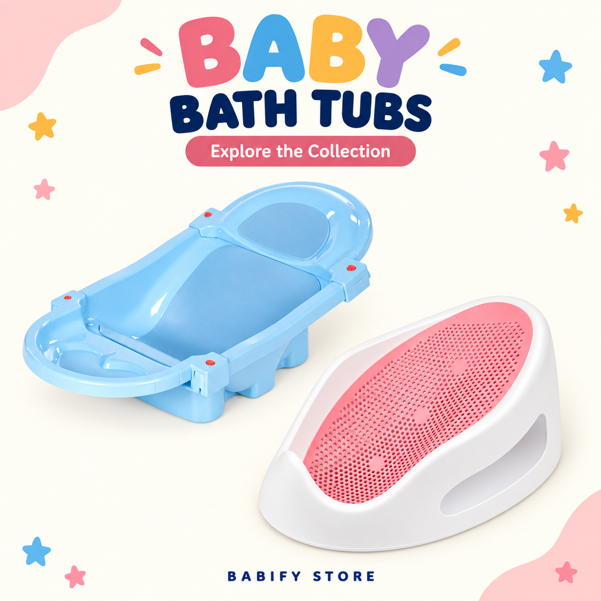 Baby bath tubs and bathing accessories, including foldable tubs, bath supports, a baby bather, sponge seat pads and shower mugs.