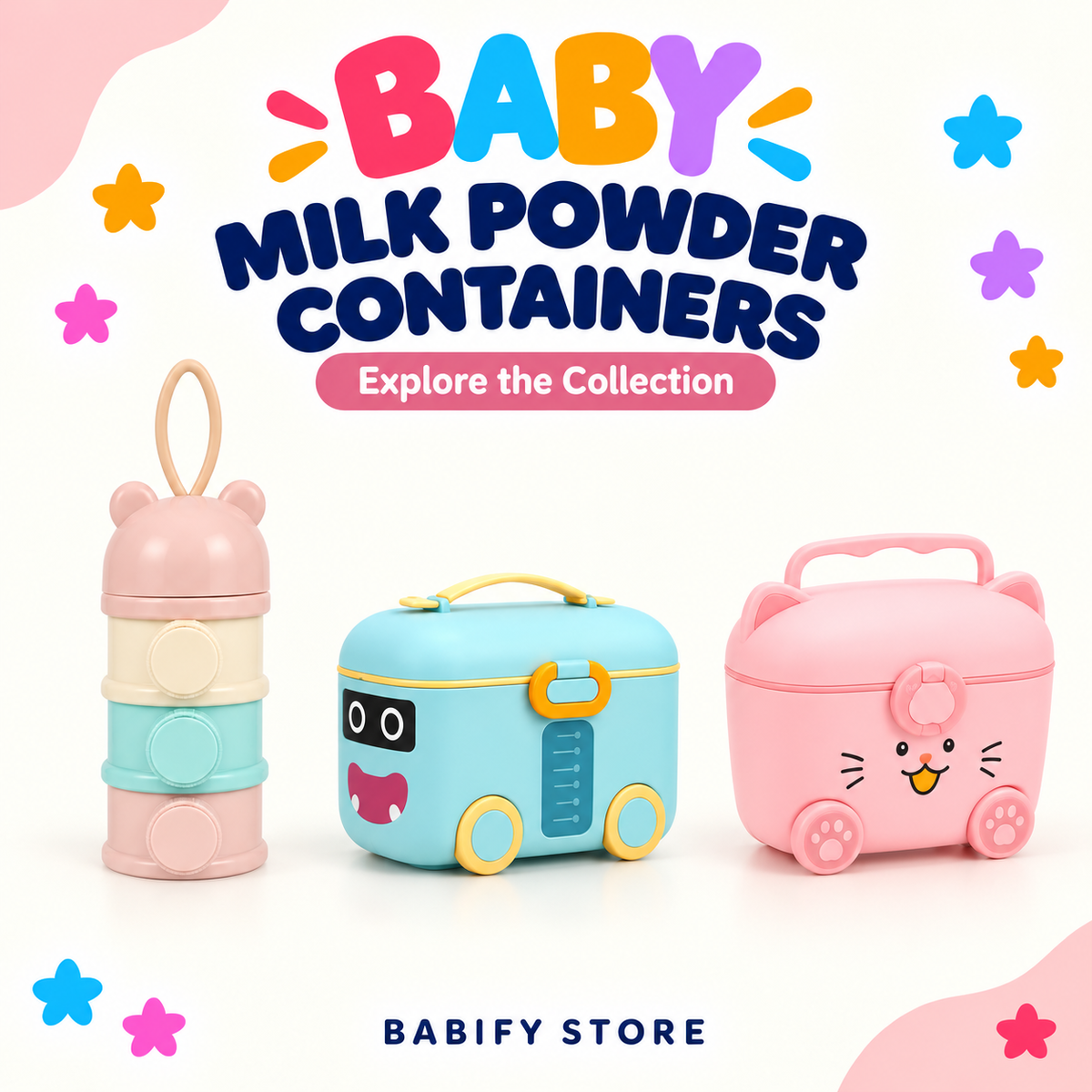 Baby milk powder containers in stacked pastel, turquoise bus and pink cat designs.
