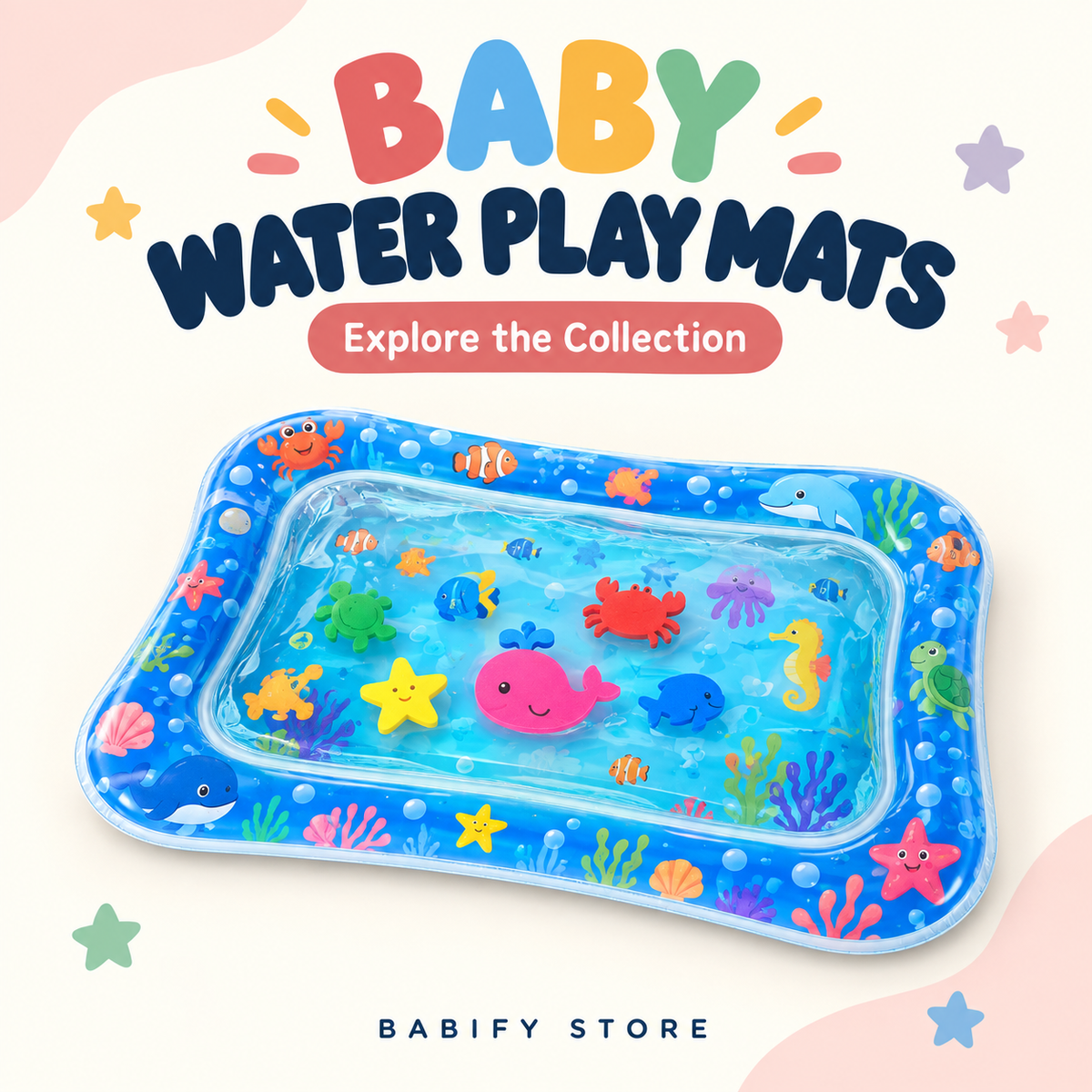 Blue inflatable baby water play mat with an ocean-print border and colorful floating sea creatures