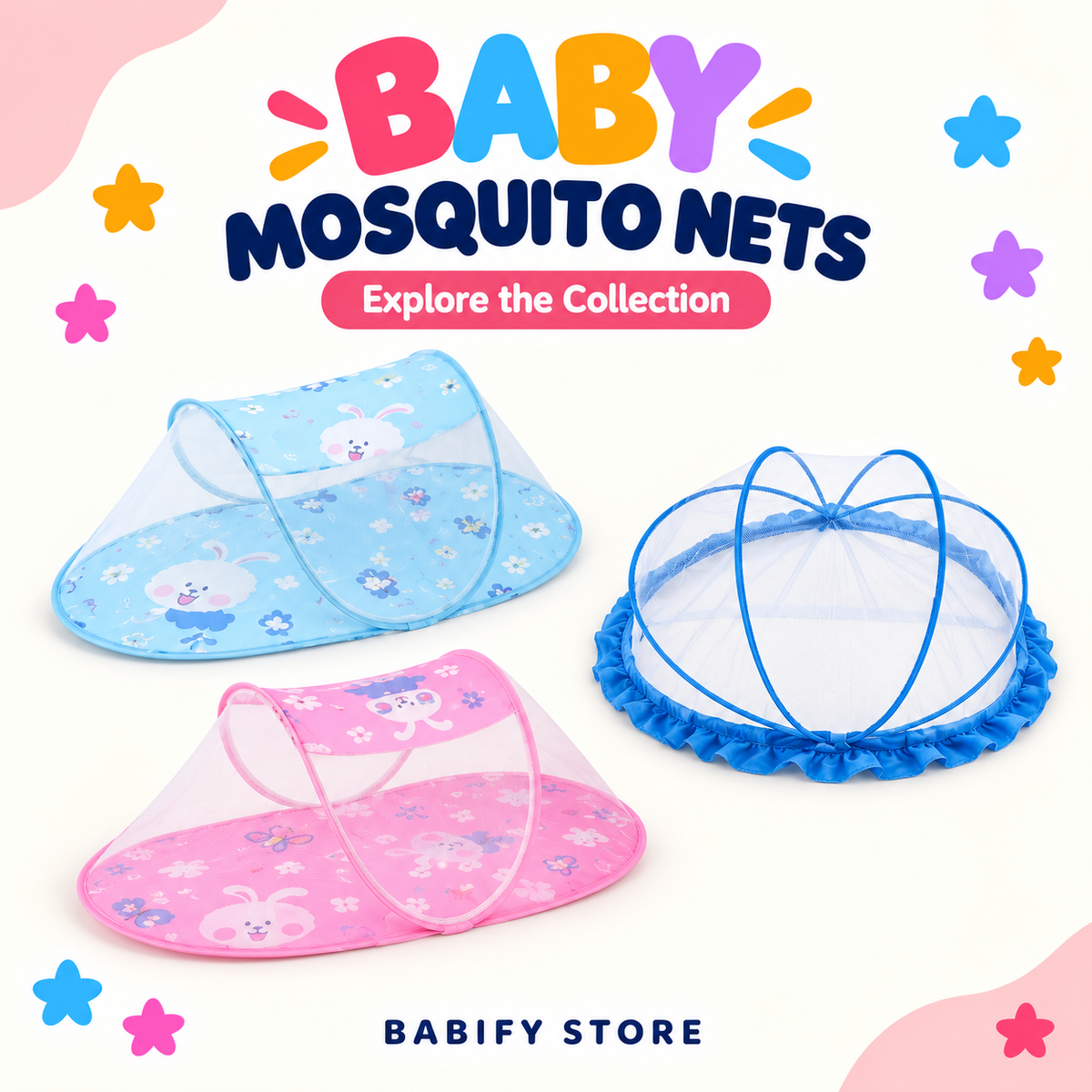 Baby mosquito nets featuring blue and pink printed foldable designs and a blue dome net with visible white mesh