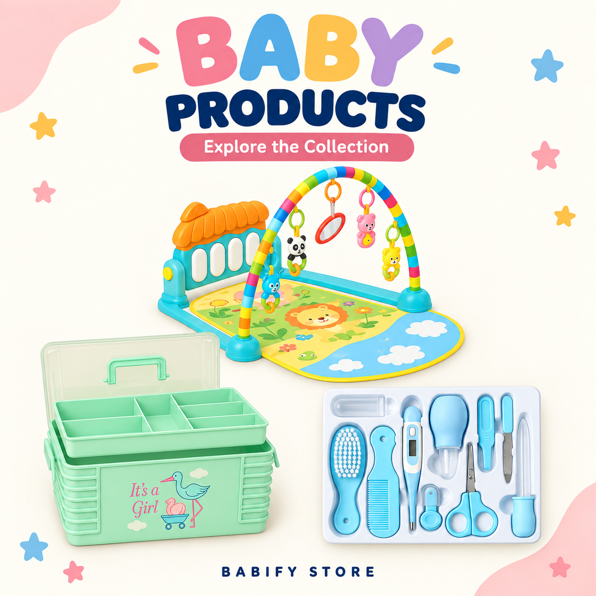 Babify Store baby products collection featuring a colourful piano play gym, mint green storage box and blue grooming kit