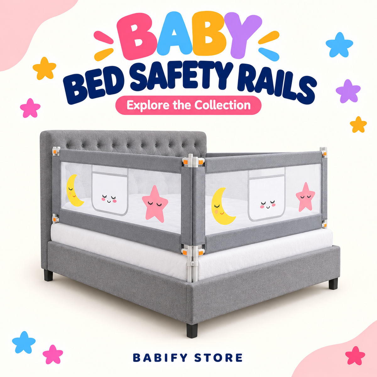 Grey three-sided baby bed safety rails with breathable mesh panels fitted around a bed