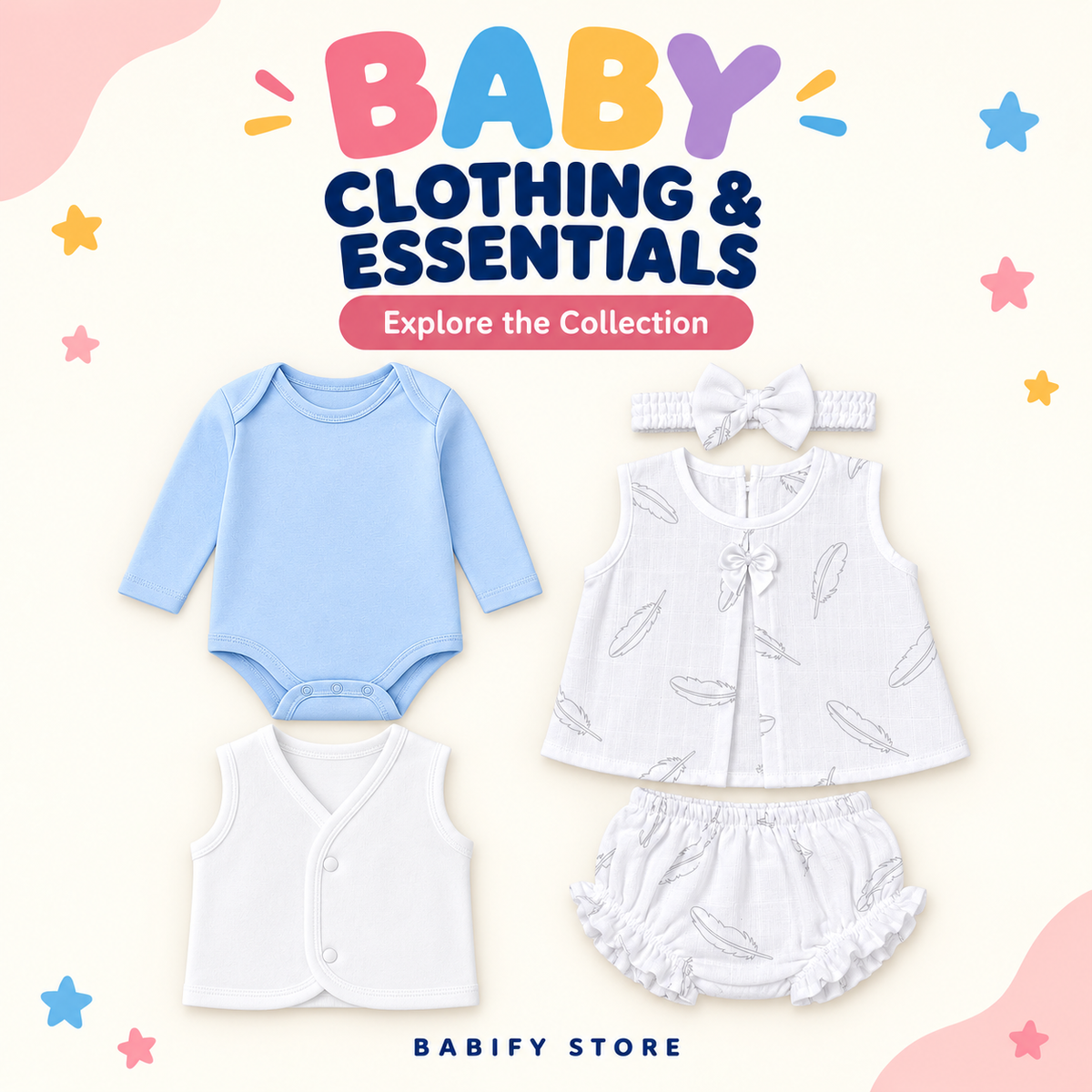 Babify Store baby clothing collection featuring a blue bodysuit, white sleeveless vest and feather-print frock with matching bloomer and hairband