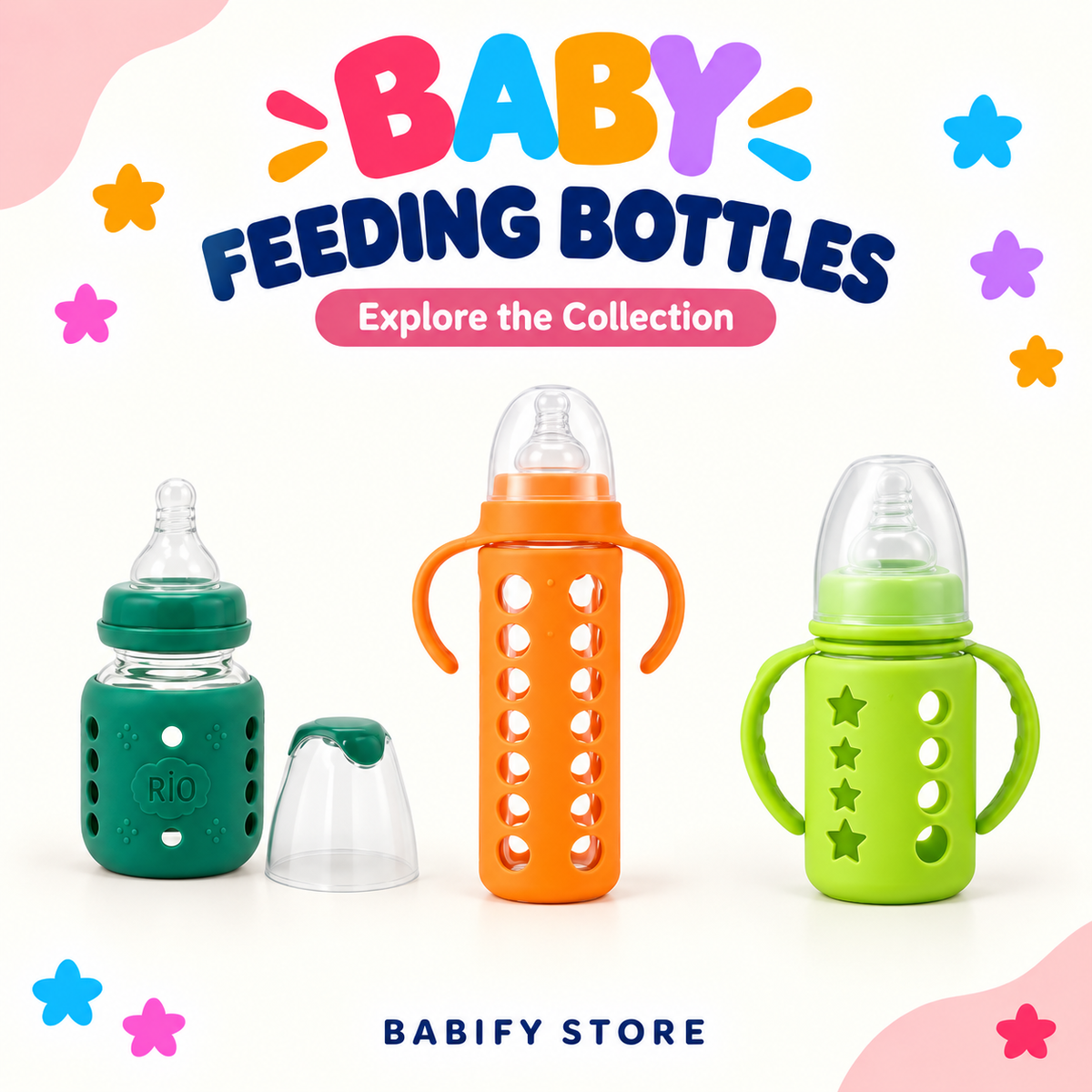 Baby feeding bottles with green, orange and lime protective sleeves.