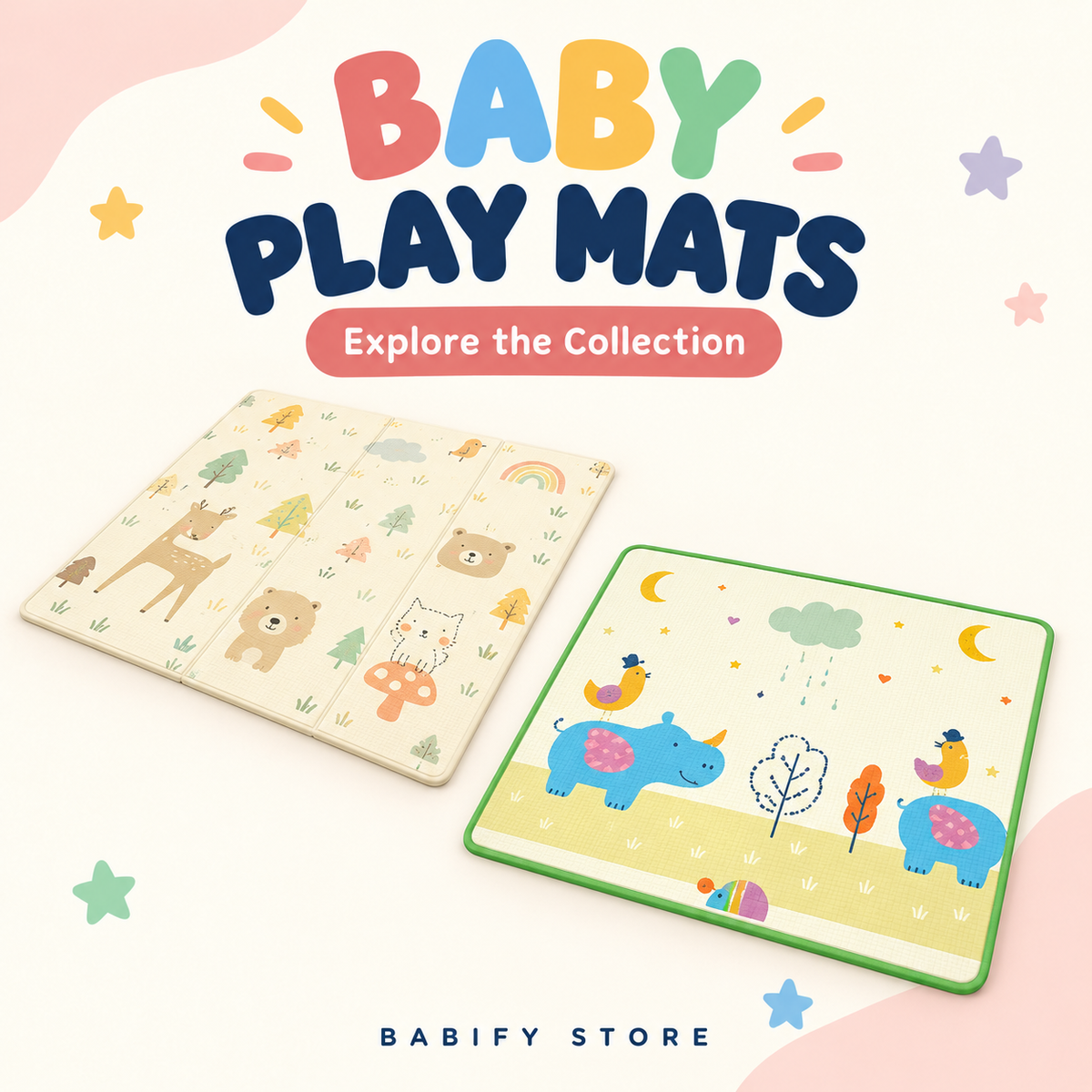 Pink and blue baby piano play gyms with illustrated mats and hanging animal toys.