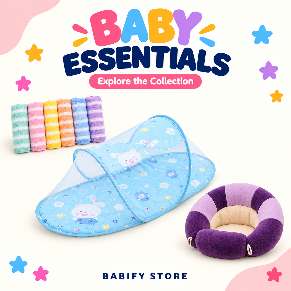 Babify Store baby essentials featuring colourful striped washcloths, a blue mosquito-net bed and a purple padded baby seat