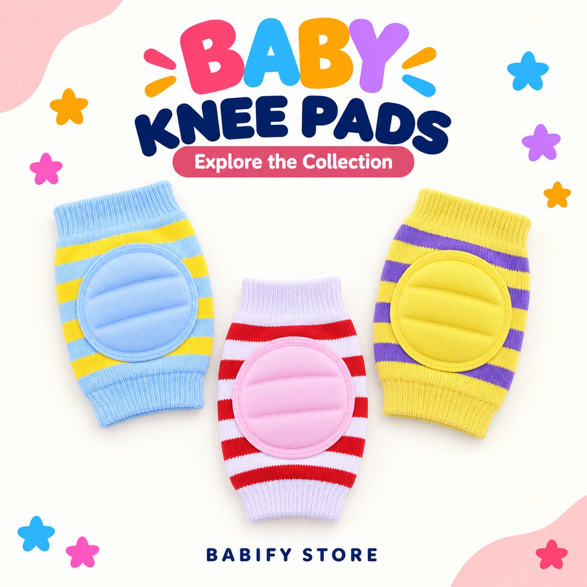 Striped baby knee pads in blue, pink and yellow with round padded knee patches.