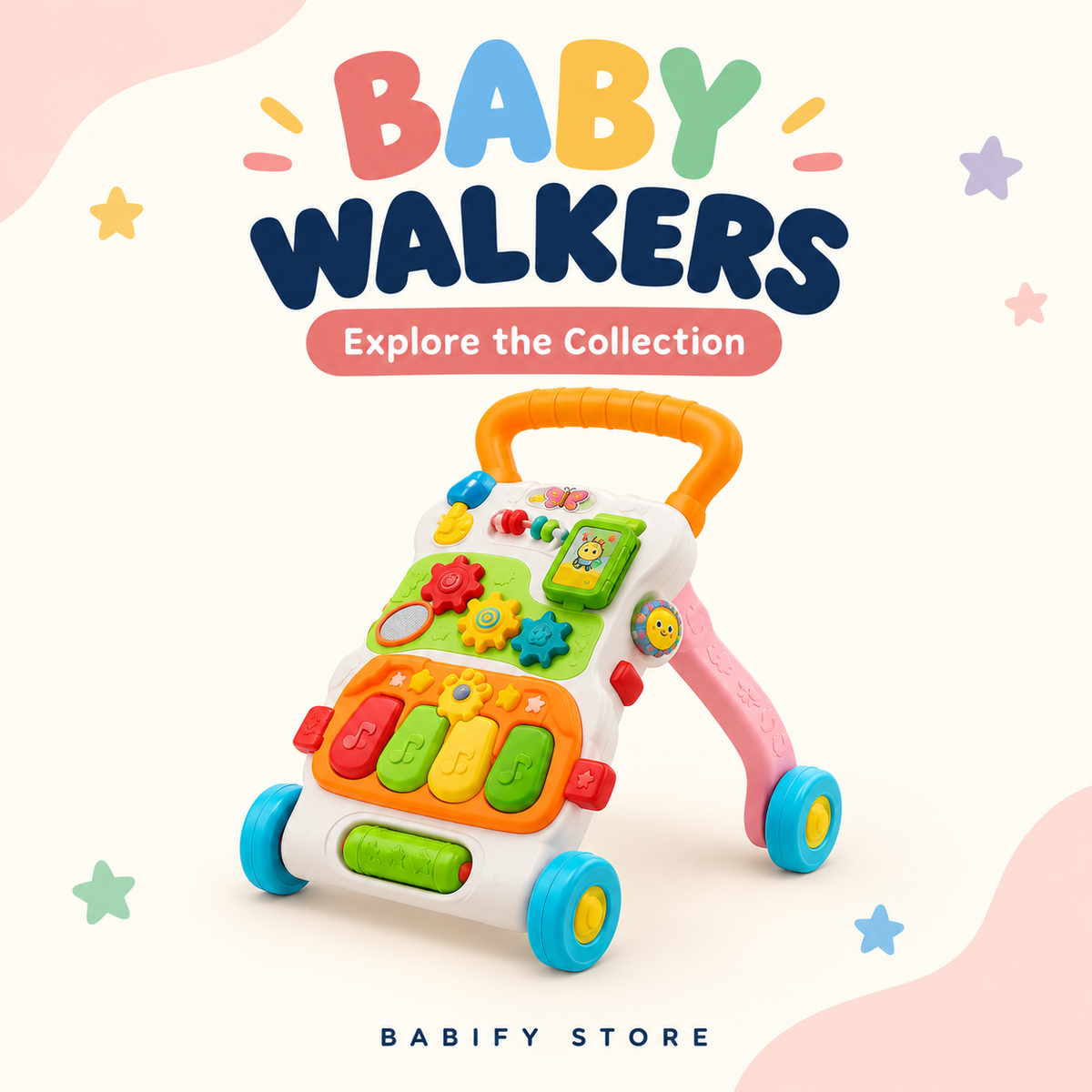 Colorful baby push walker with activity panel, orange handle and blue wheels.
