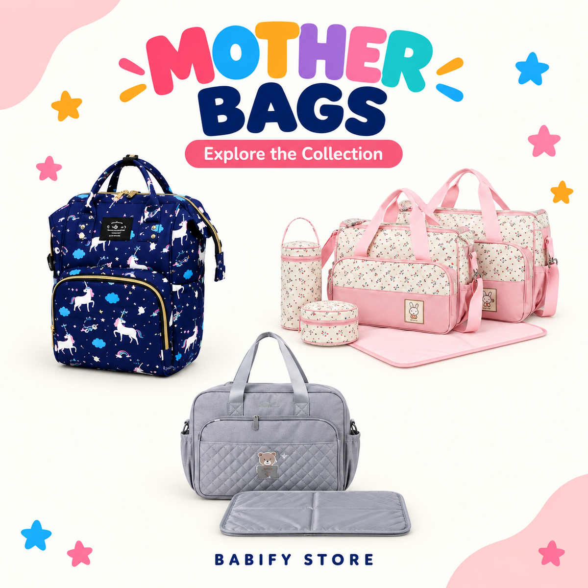 Mother bags collection featuring a navy unicorn backpack, pink diaper bag set and grey quilted bag with changing mat.