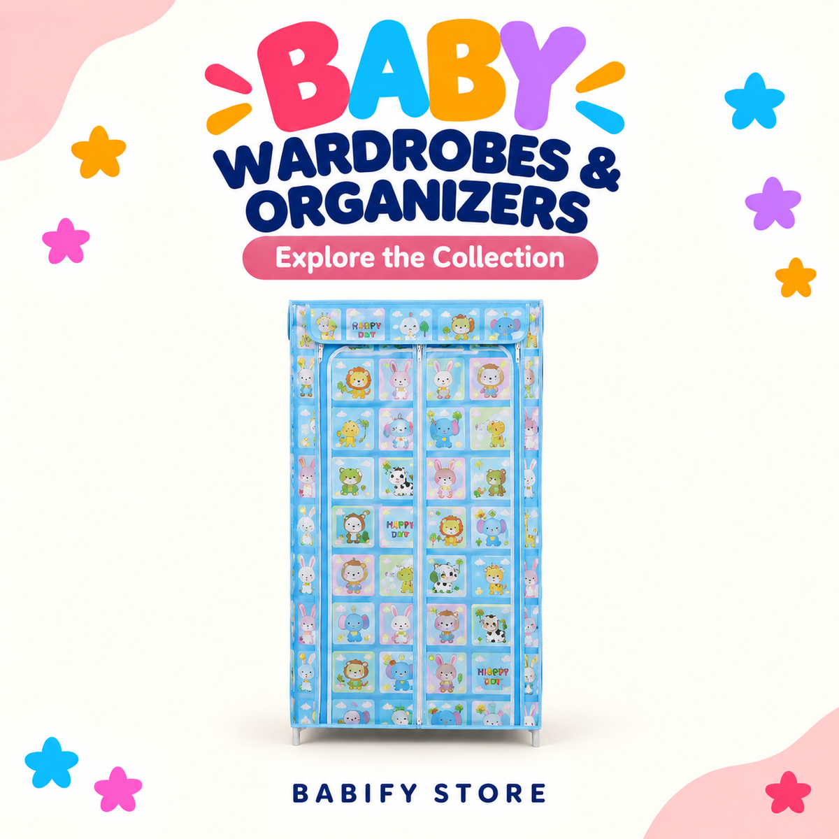 Kids portable wardrobe with blue trim and a closed zippered cover printed with pastel cartoon vehicles and toys