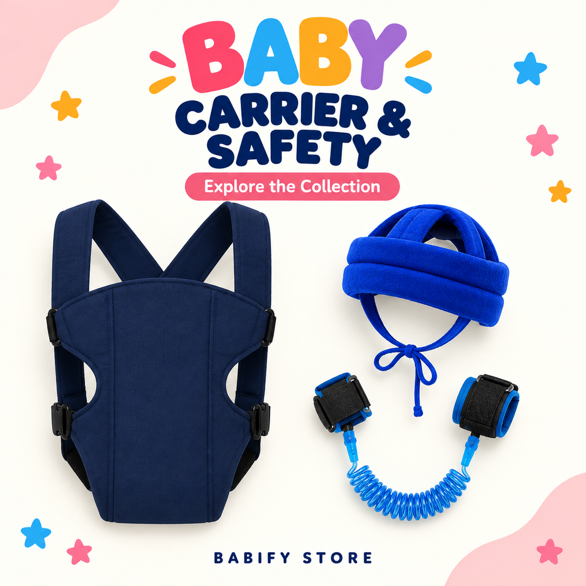 Baby Carrier & Safety collection featuring a navy baby carrier, blue padded head helmet and blue coiled wrist link