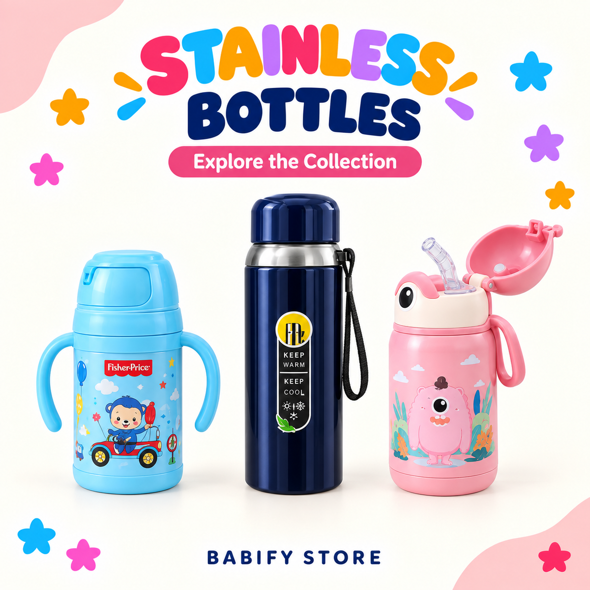 Blue handled bottle, navy flask and pink straw bottle in the stainless steel collection.