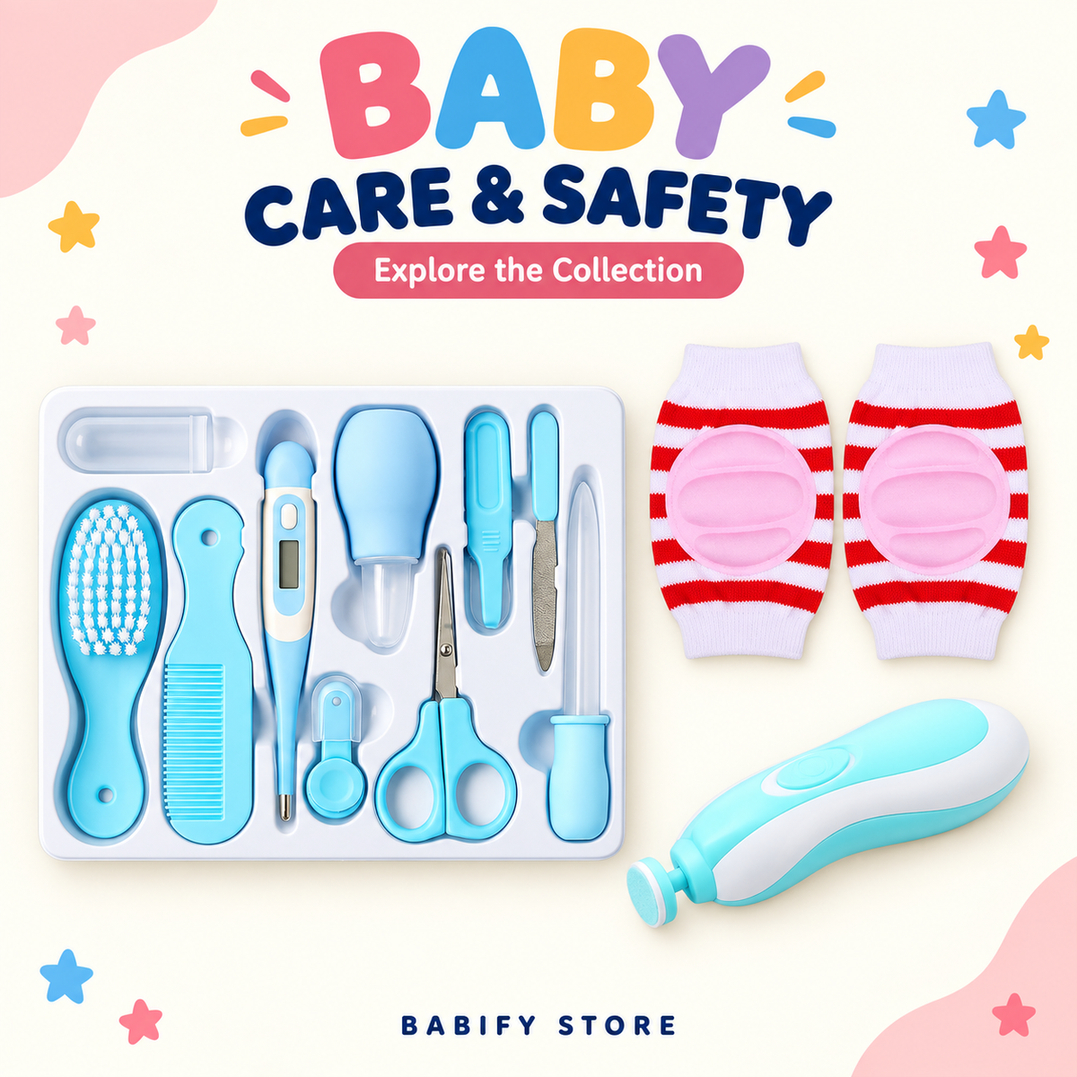 Babify Store baby care and safety collection featuring a blue grooming kit, red-and-white knee pads and turquoise electric nail trimmer