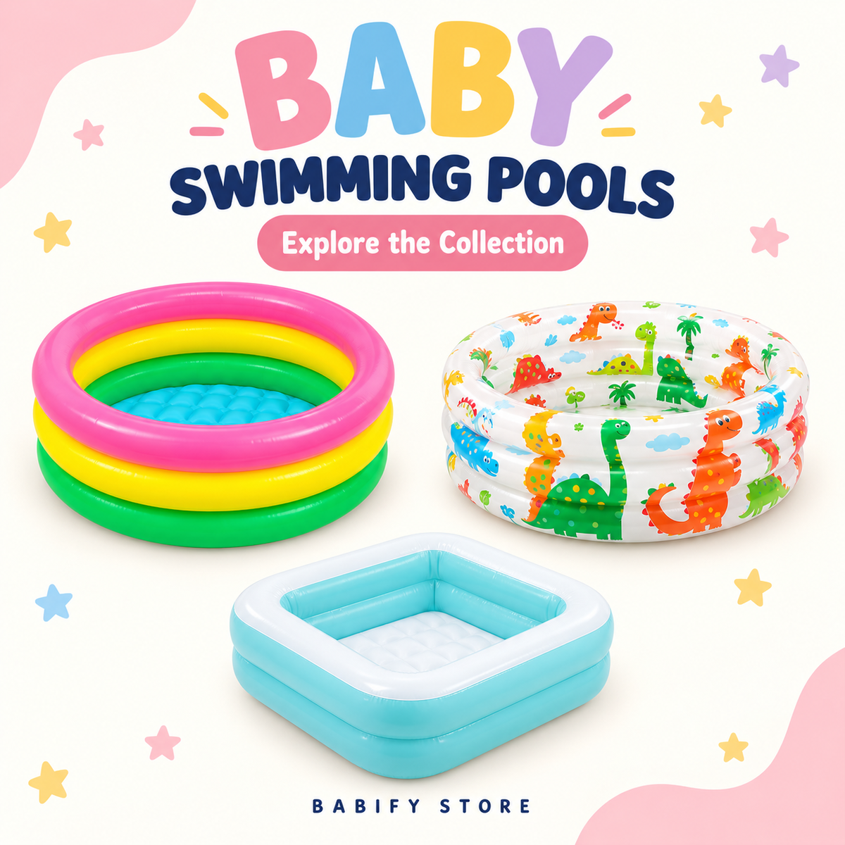 Baby swimming pools featuring a rainbow round pool, dinosaur-print pool and aqua square inflatable pool.