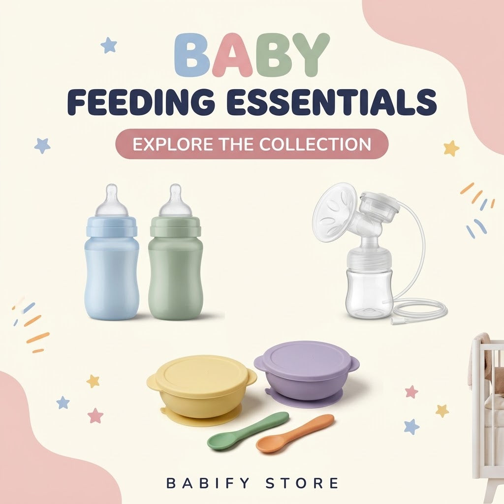Baby feeding essentials including feeding bottles, silicone feeding sets, fruit feeders, milk powder containers and nursing pillows.