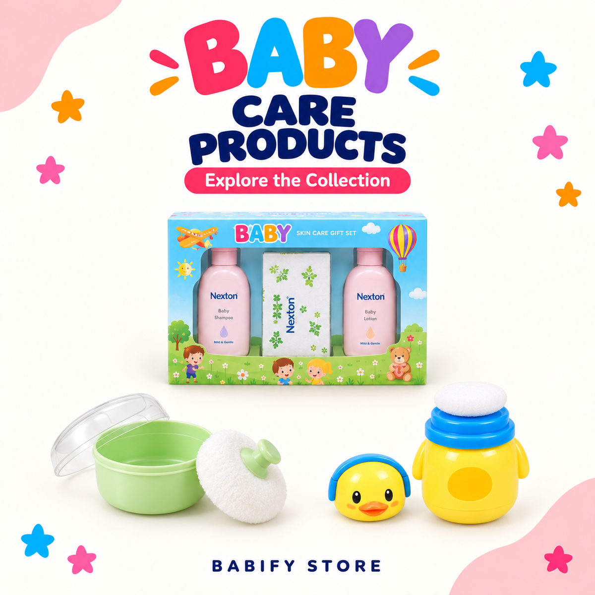 Nexton baby gift set with shampoo, lotion and care essentials in a blue box