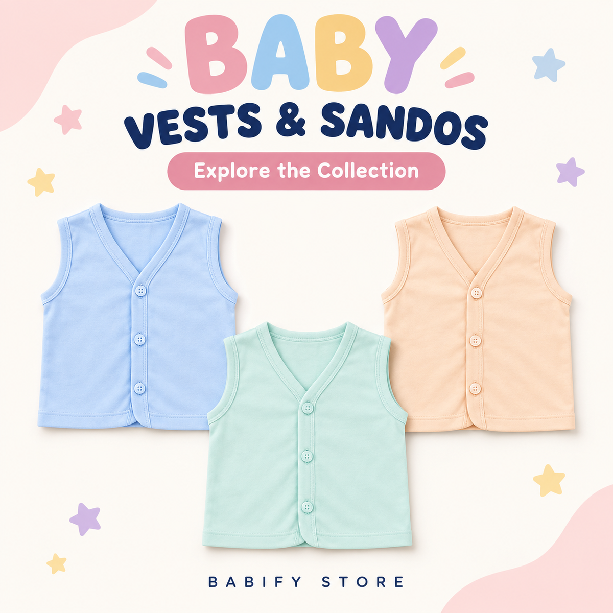 Baby sleeveless button-front vests in light blue, mint green and peach