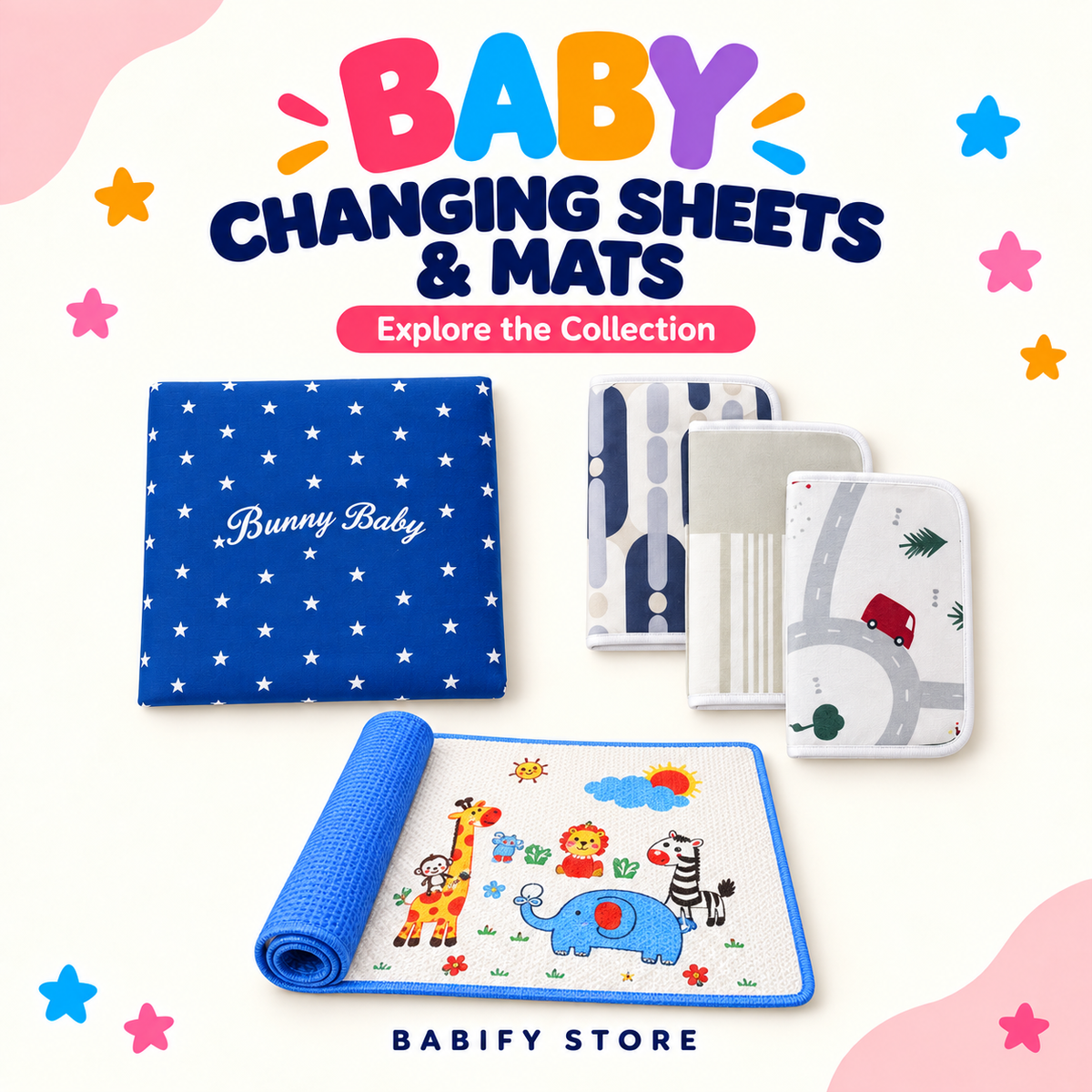 Baby changing sheets and mats featuring a navy star sheet, three printed changing sheets and a blue animal-print mat