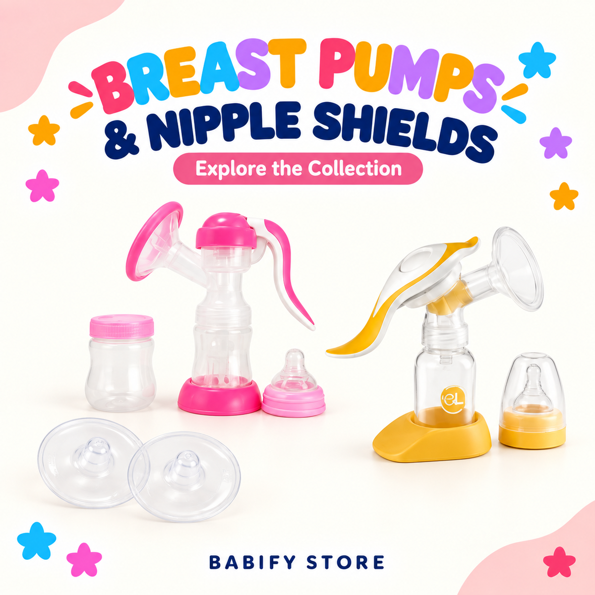 Pink and yellow manual breast pumps with clear nipple shields.