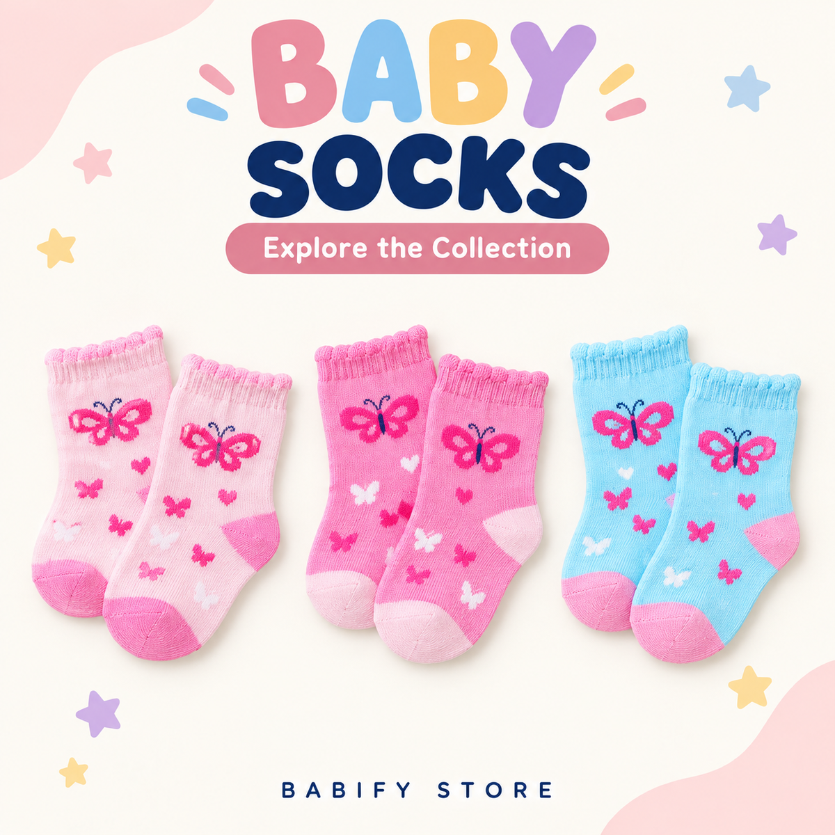 Pink and blue baby socks with butterfly patterns and contrasting toes and heels