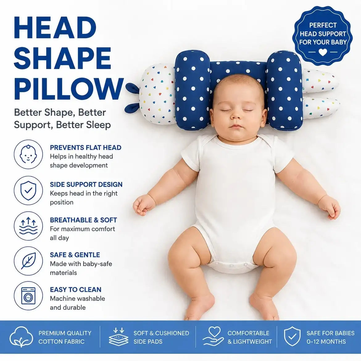 Baby Head Shape Pillow with Soft Side Support for Newborn & Infant Head Comfort in Pakistan