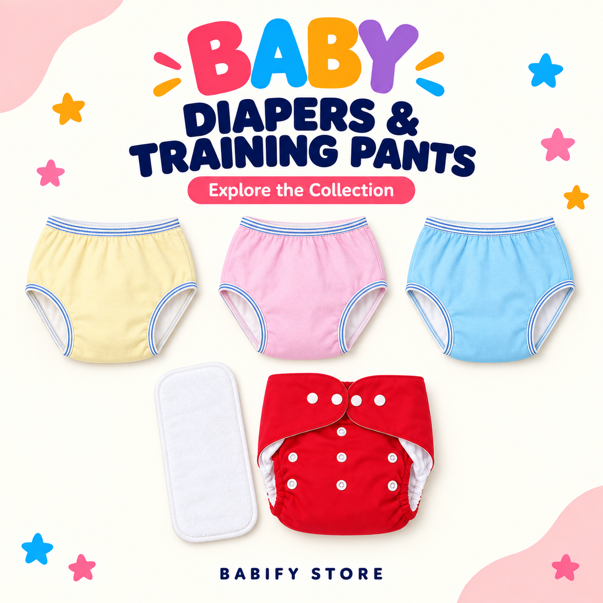 Pack of three reusable baby training pants in yellow, pink and blue