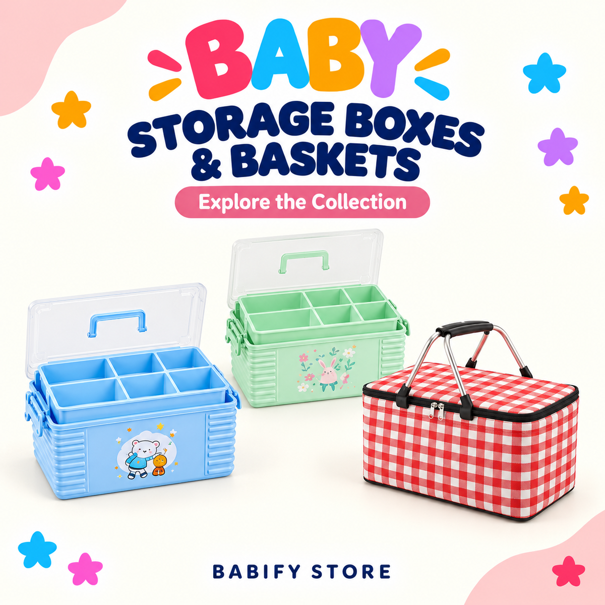 Blue foldable storage basket with an open butterfly-print lid, green paw prints and white clothing inside