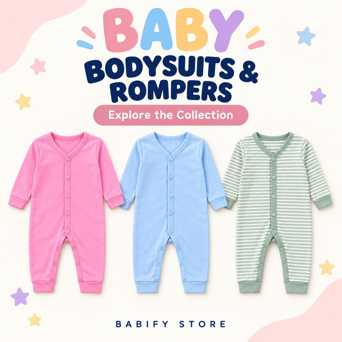 Baby rompers in solid pink, white with blue prints, and sage-green stripes