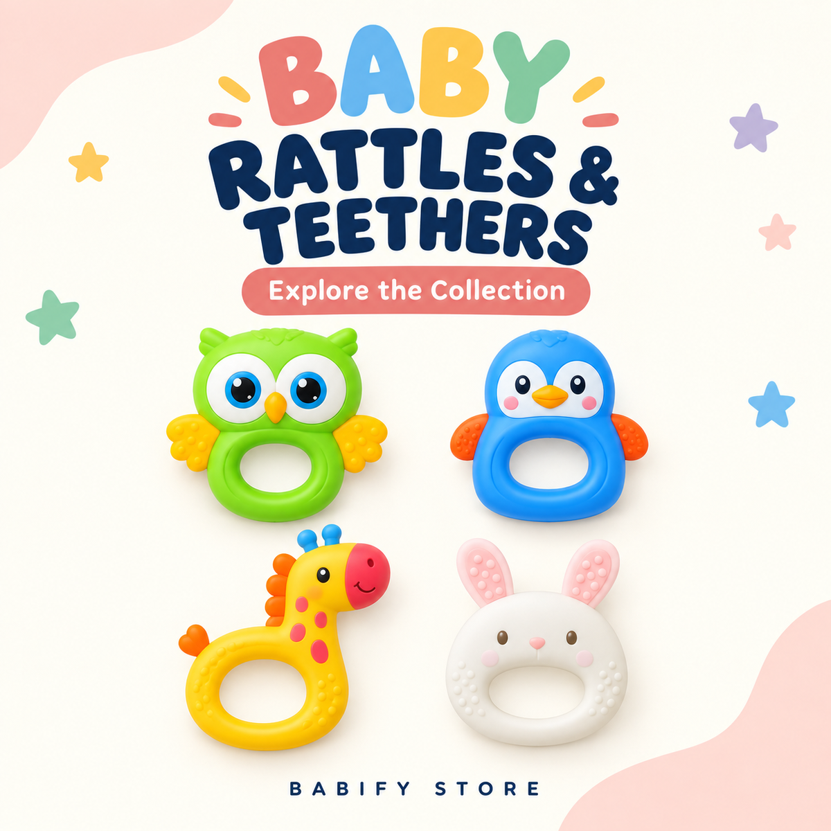 Baby rattles and teethers featuring a green owl, blue penguin, yellow giraffe and white bunny with pink ears