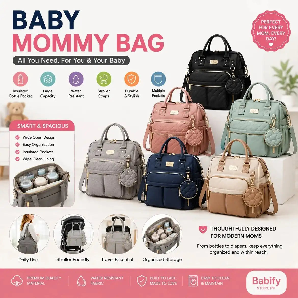 Baby Mommy Diaper Bag with Large Capacity, Multiple Pockets & Stroller Straps in Pakistan