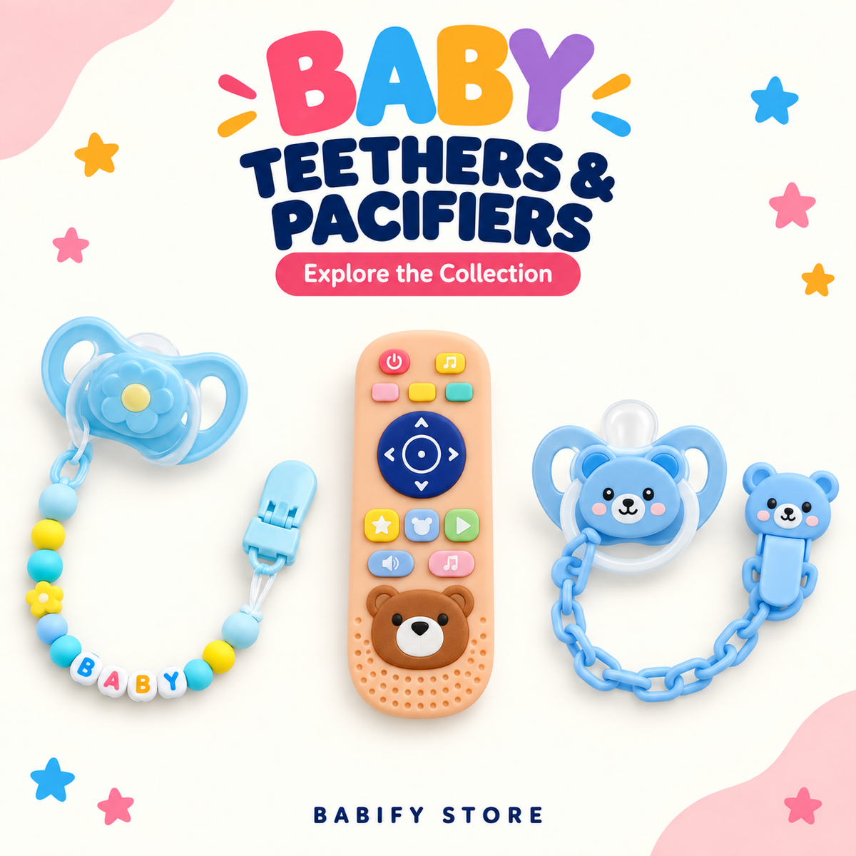 Baby teethers and pacifiers featuring a peach remote-shaped teether and blue flower and bear pacifiers with matching clips