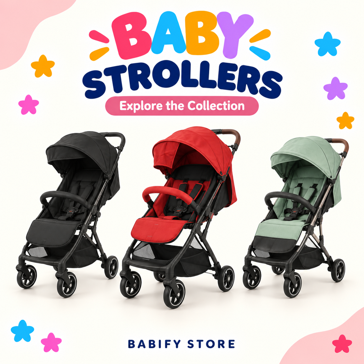 Black and grey baby stroller with overhead canopy, padded seat, front support bar and four wheels