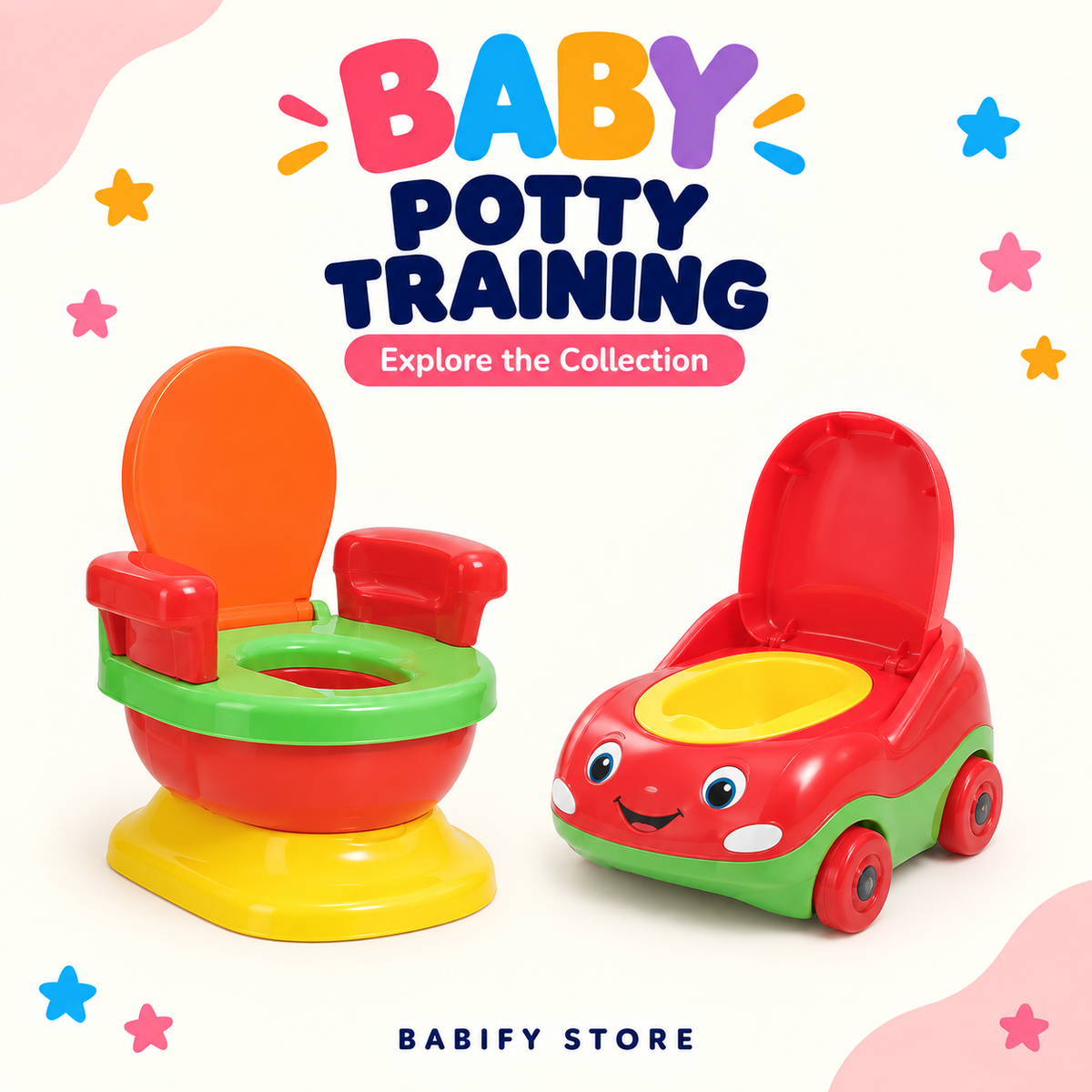 Multicolour 3-in-1 kids potty training seat shown as a potty chair, rocking chair and toilet seat trainer