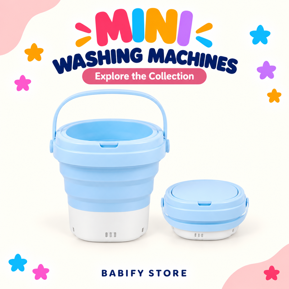 Blue and white mini washing machine shown expanded and folded beside a white basket, with timer and feature graphics