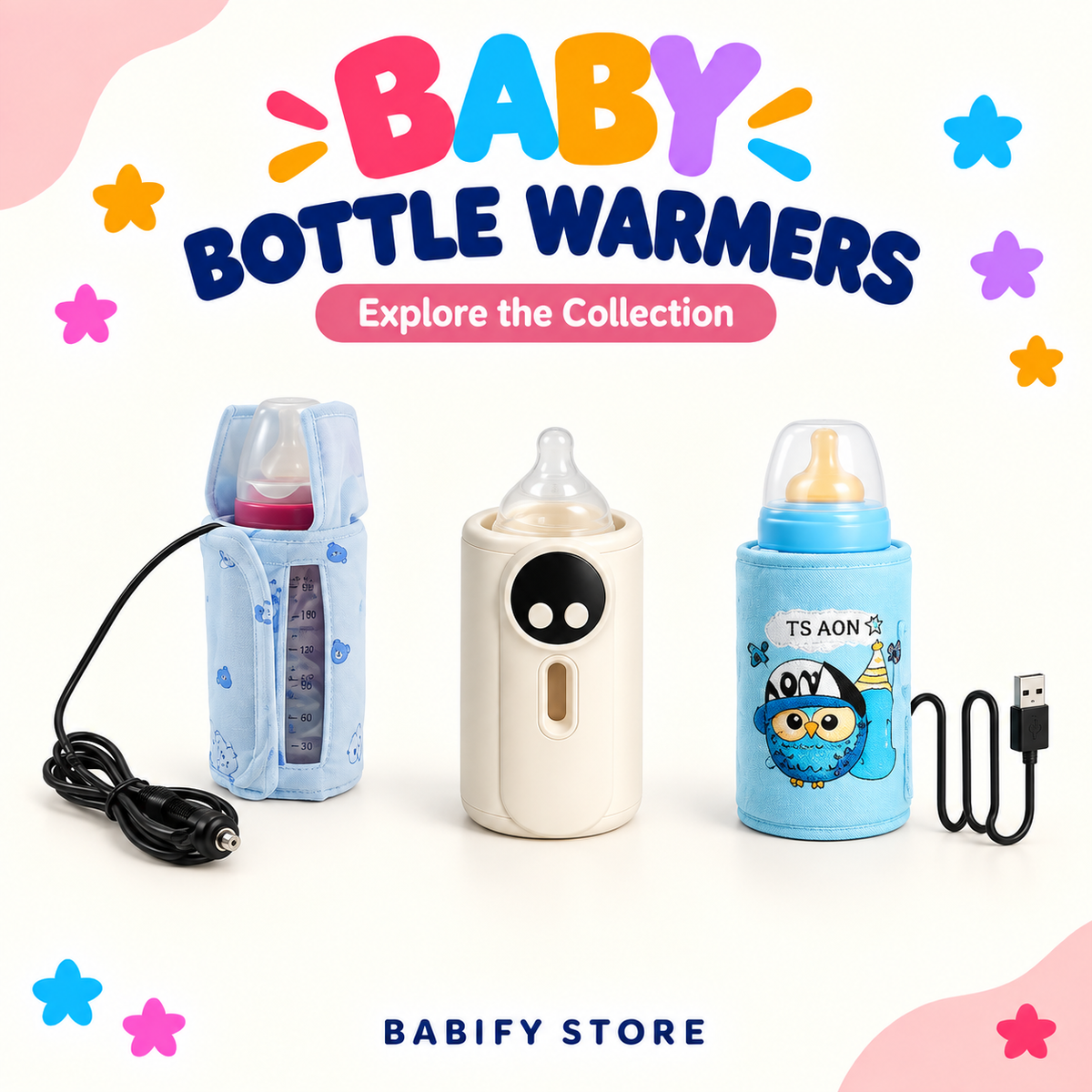 Blue fabric bottle warming sleeves beside a cream bottle warmer.