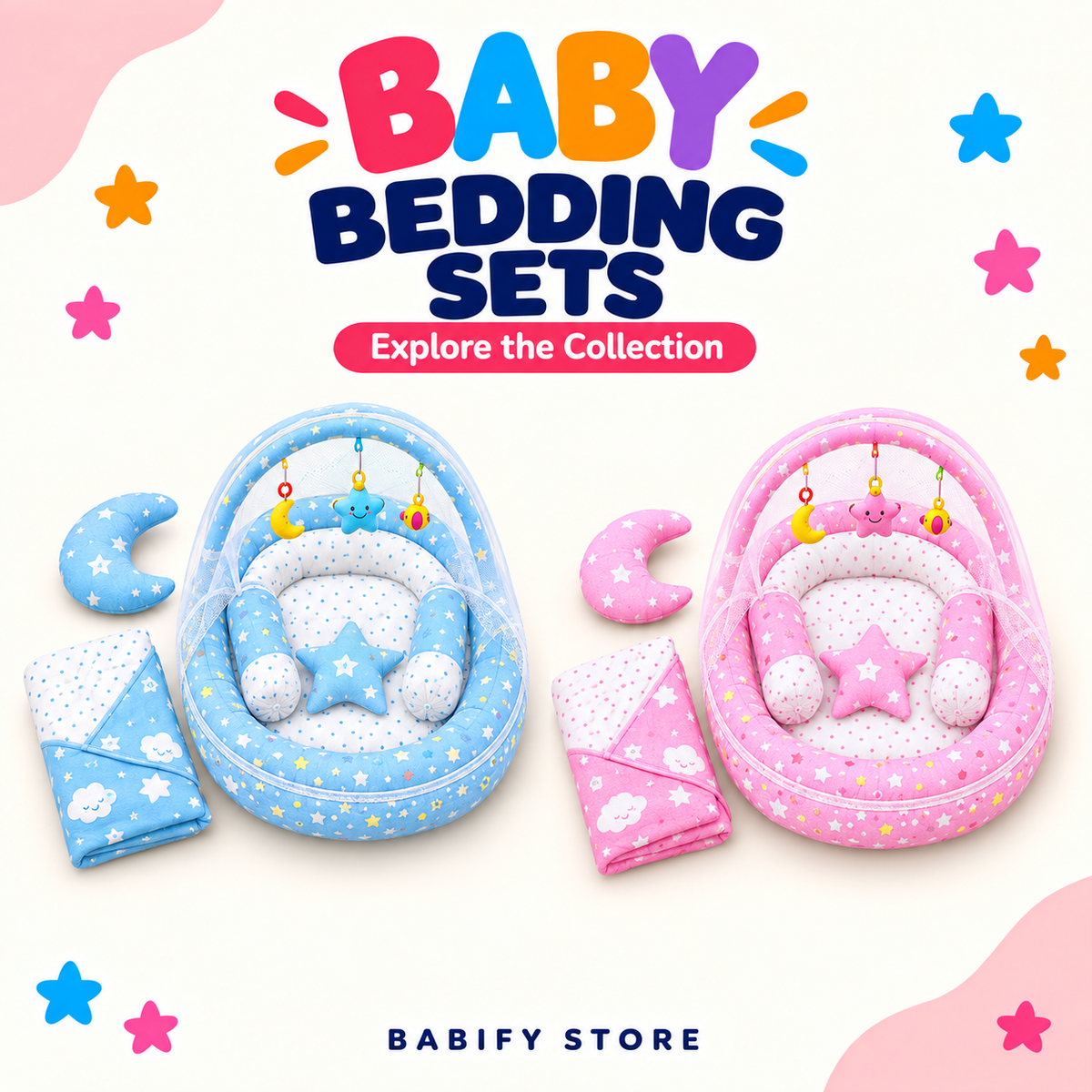 Blue and pink baby bedding sets featuring snuggle nests with mosquito nets, star cushions, crescent pillows and matching blankets