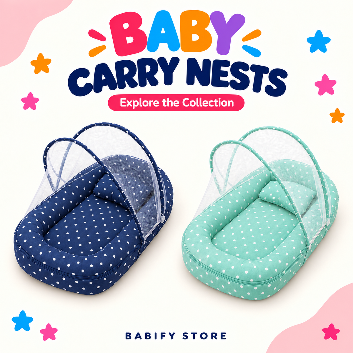 Grey baby carry nest with a raised white mosquito net