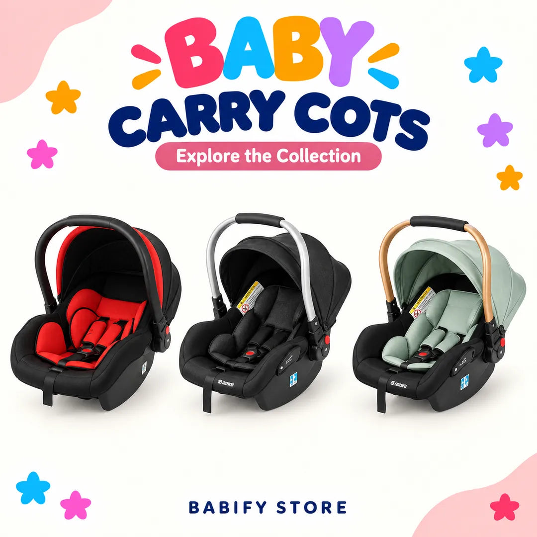 Black and red baby carrycot with curved carry handle, canopy, padded interior and harness