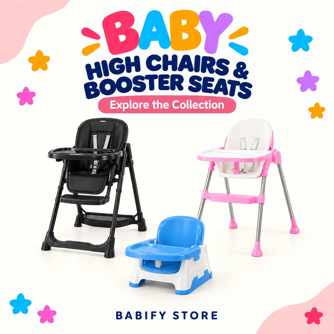 Baby wearing pink seated in a blue and white booster chair with a blue feeding tray and harness