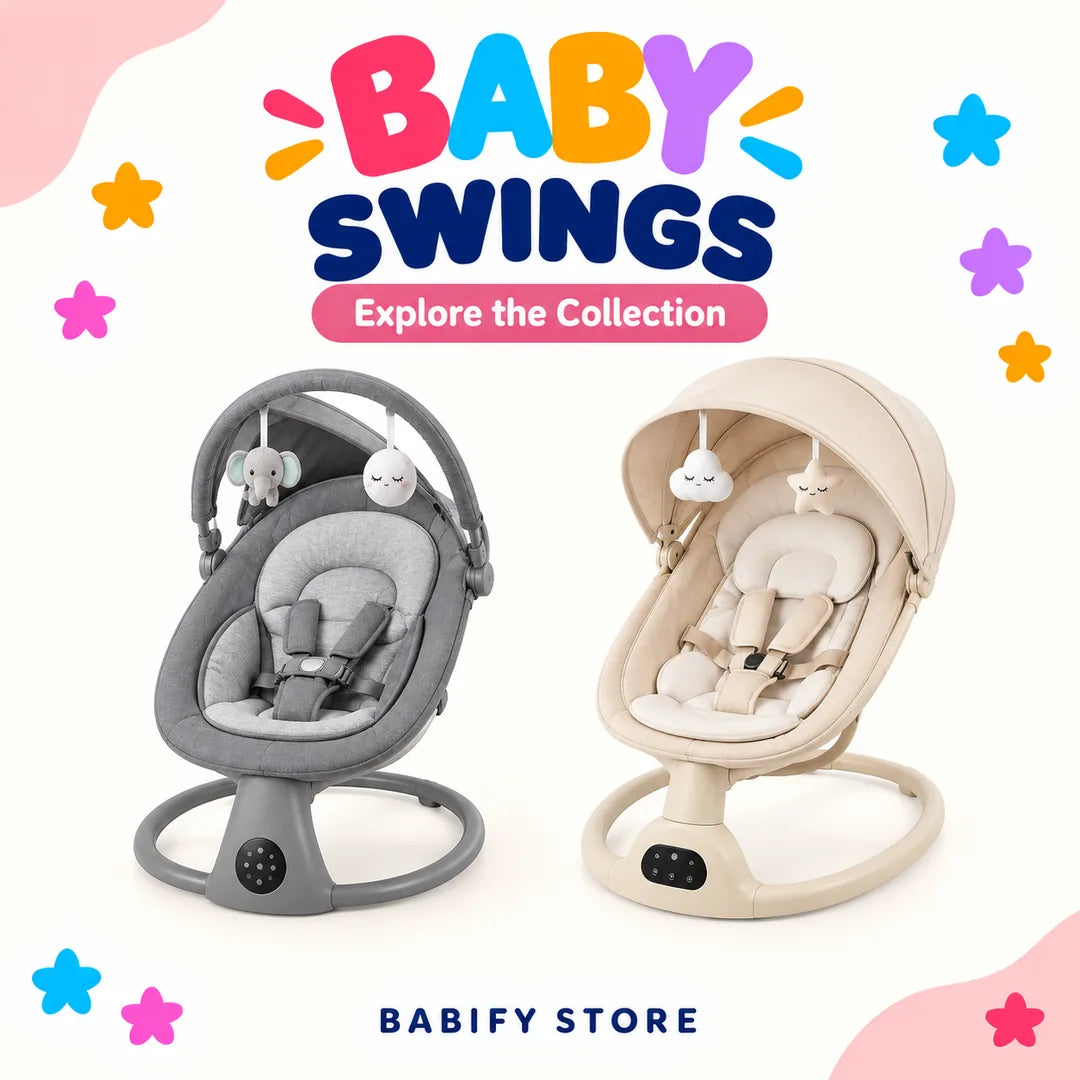 Grey Mastela baby rocker with padded seat, harness and hanging animal toys beside product packaging