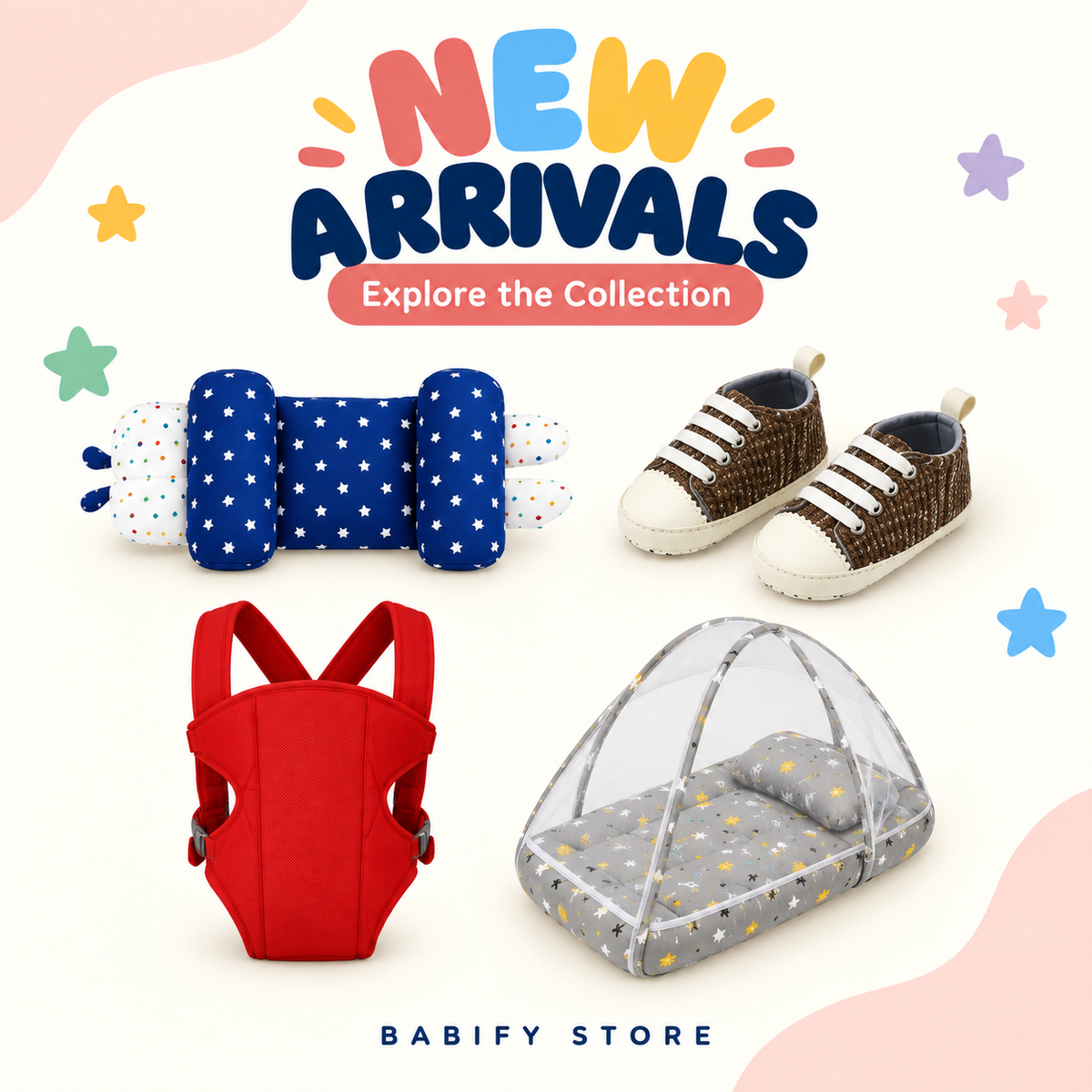 New arrivals featuring a navy baby pillow, brown shoes, red carrier and grey carry nest with mosquito net.