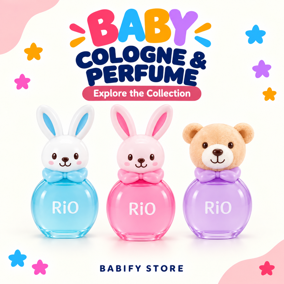 Baby cologne and perfume bottles in blue, pink and purple with bunny and teddy bear caps