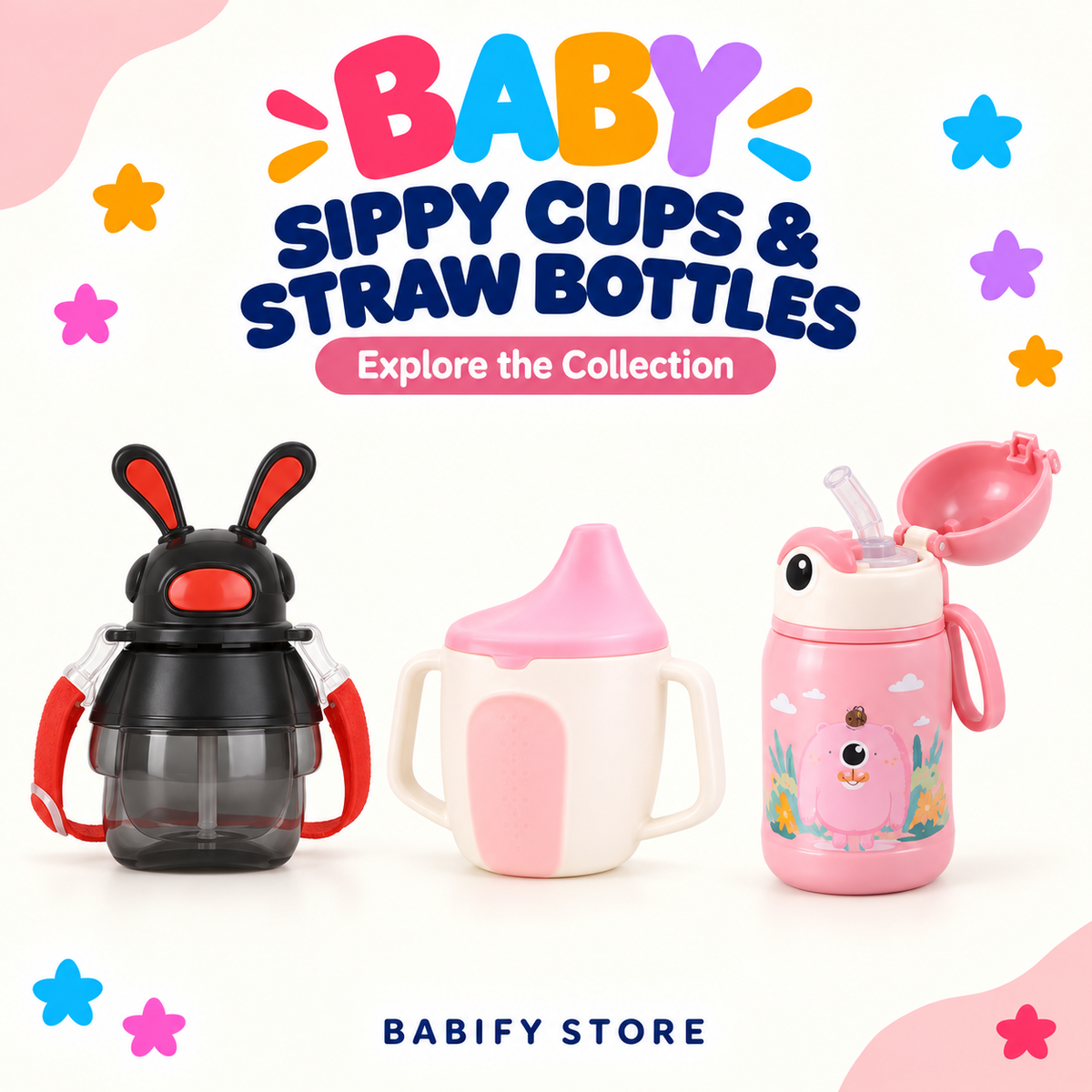 Rabbit straw bottle, pink handled sippy cup and pink character straw bottle.