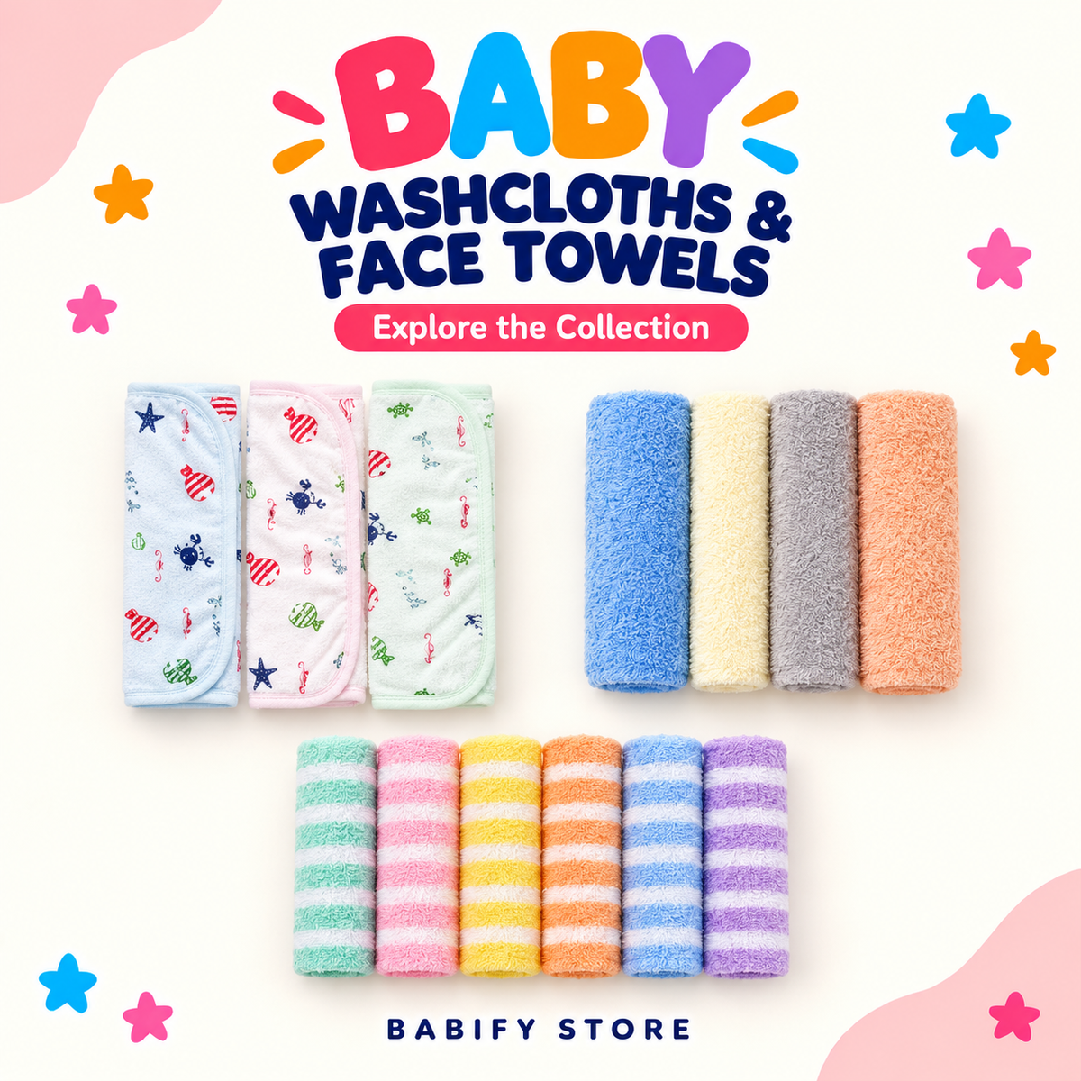 Six soft cotton baby washcloths in assorted pastel colours