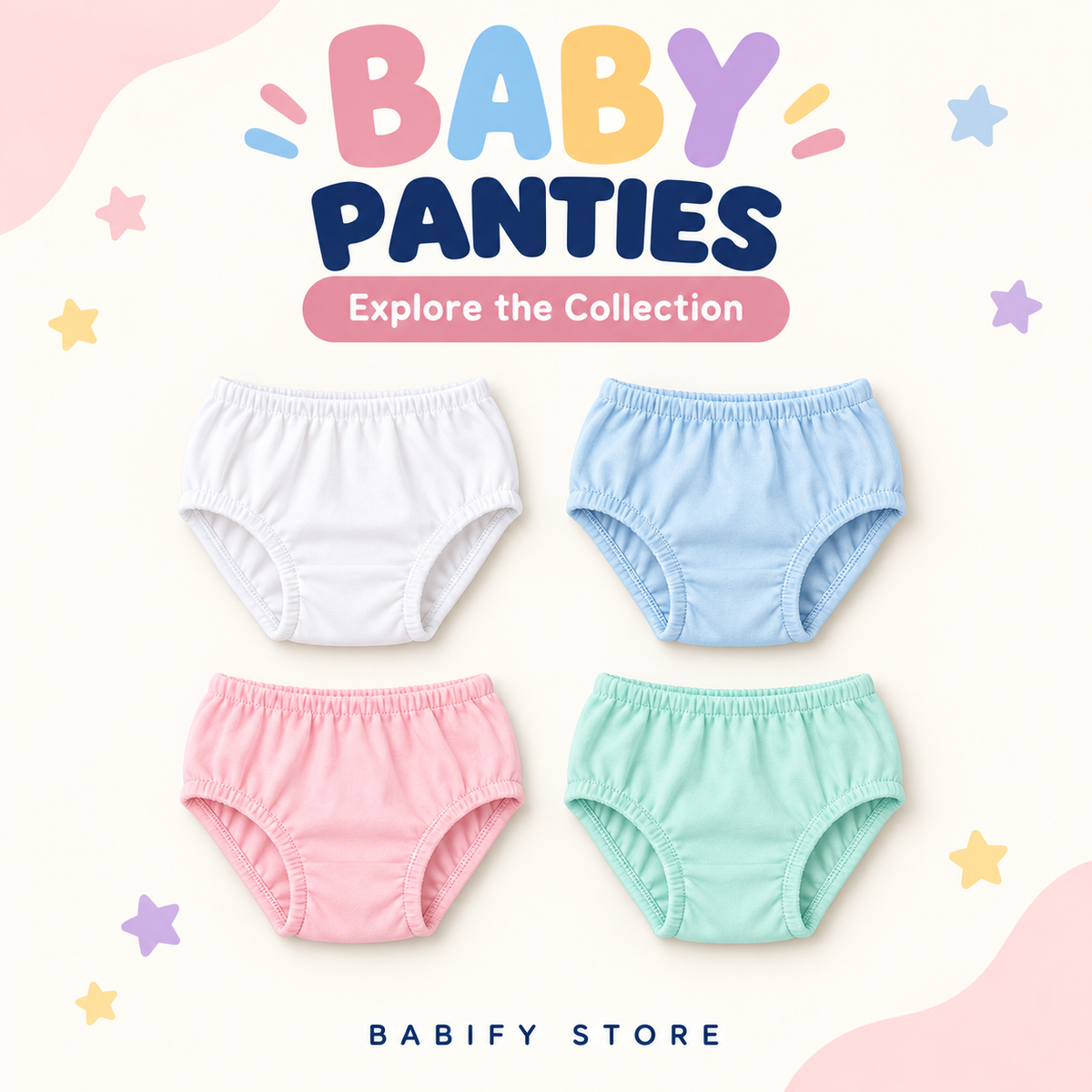 Baby panties in white, blue, pink and mint green with elasticated waistbands.