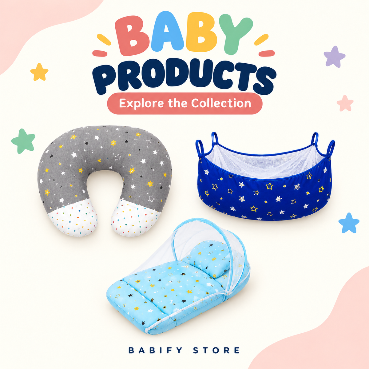 Baby products featuring a grey nursing pillow, blue cradle swing cloth and sky-blue carry nest with mosquito net.