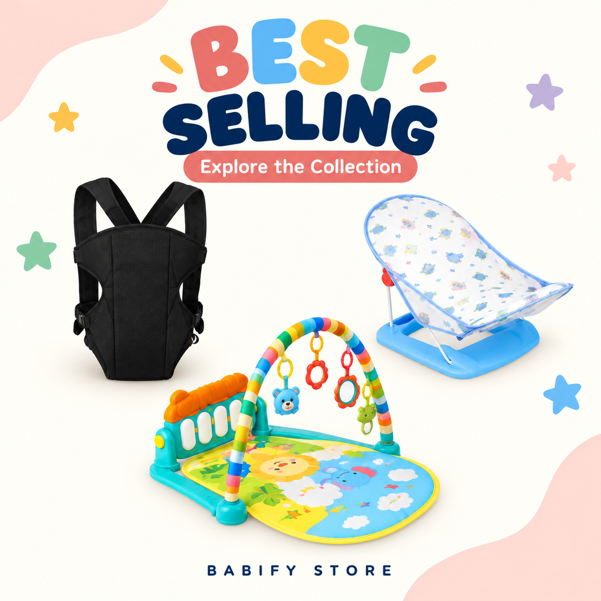 Best-selling baby products featuring a black carrier, blue bath chair and colorful piano play gym.