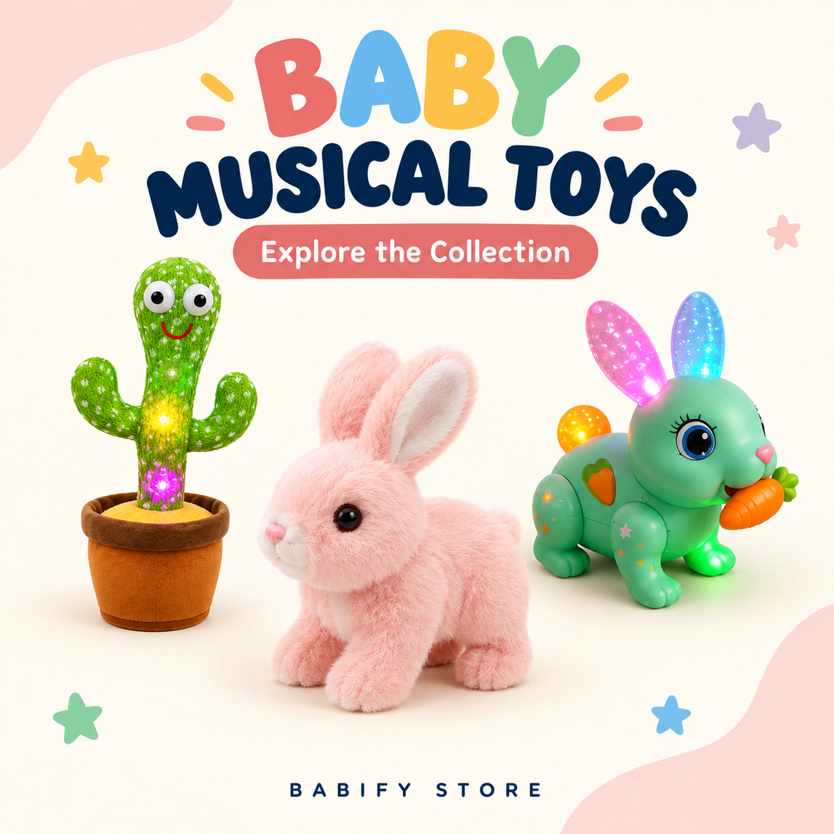 Dancing cactus, pink plush rabbit and green light-up bunny with a carrot.