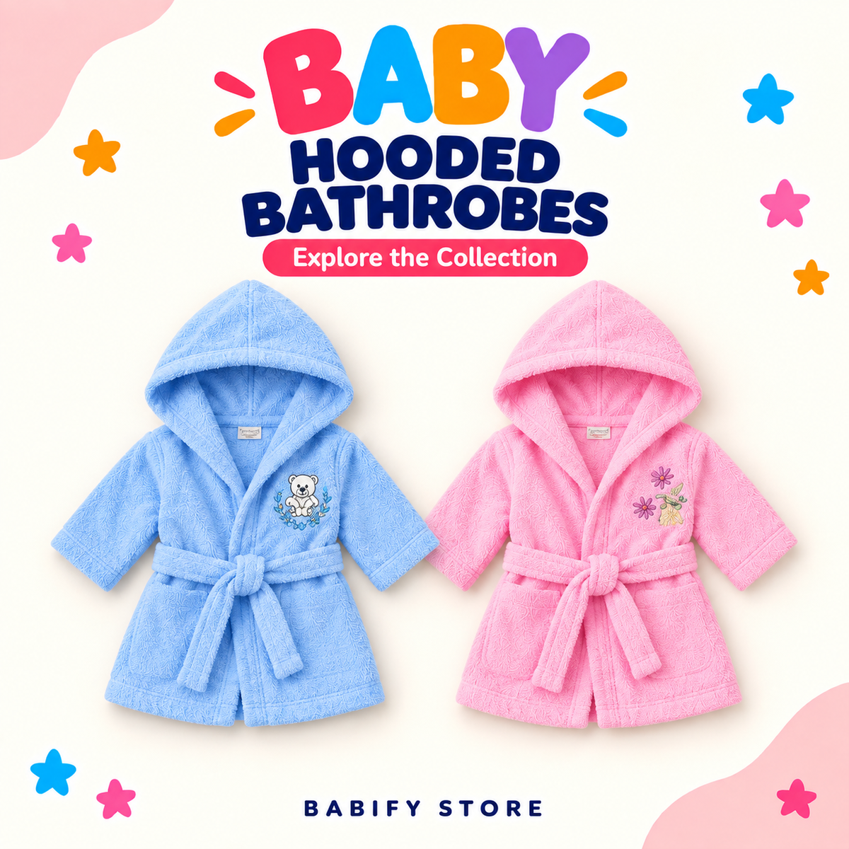 Blue baby hooded terry bathrobe with waist belt and teddy bear embroidery
